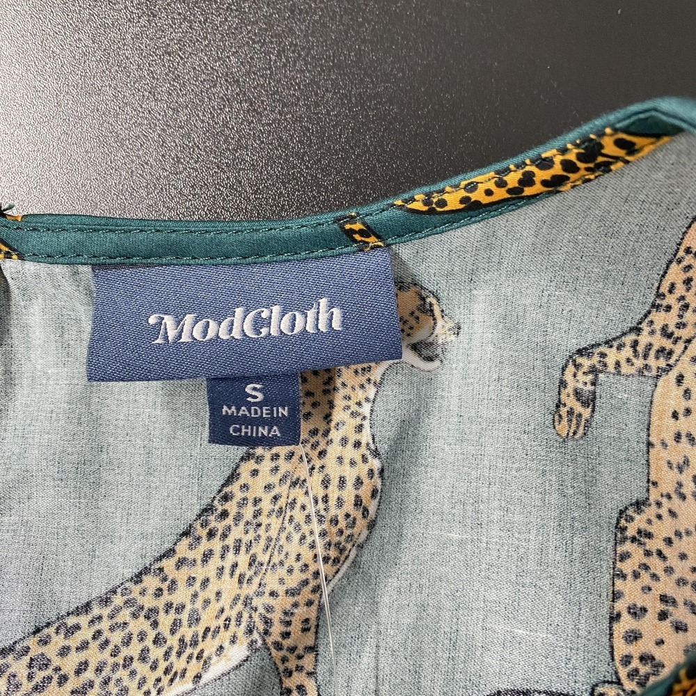NWT ModCloth Dress Womens Small Green Cheetah AnimalPrint FitFlare Cotton Pocket - Picture 7 of 13